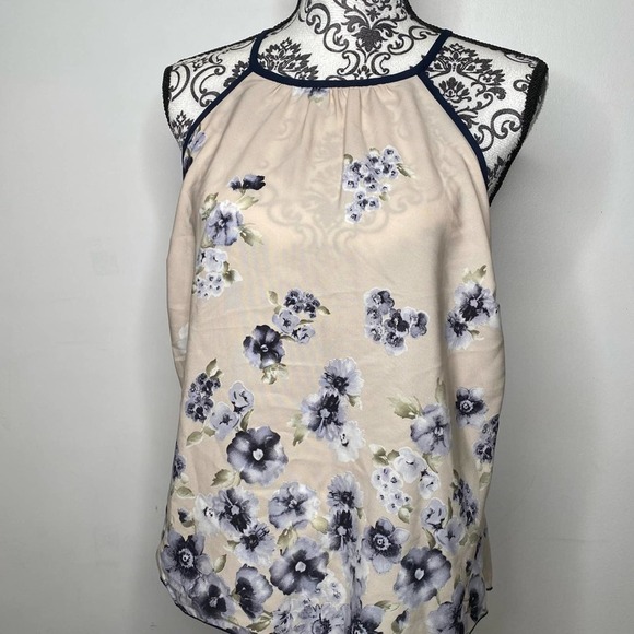Olive Tree Tops - Beige Sheer Floral Halter Tank Top Blouse Large
